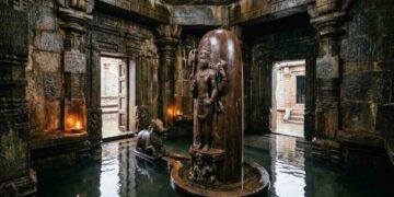 An ancient Indian stone temple's inner sanctum partially filled with water, featuring a tall dark sandstone Shiva Linga with a carved figure of Shiva standing on a dwarf, surrounded by intricately carved pillars and doorways.