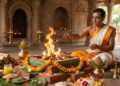 A Hindu priest performing a sacred Homa ritual with holy fire in a traditional temple setting.