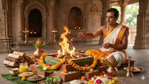 A Hindu priest performing a sacred Homa ritual with holy fire in a traditional temple setting.