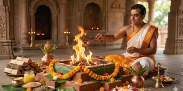 A Hindu priest performing a sacred Homa ritual with holy fire in a traditional temple setting.