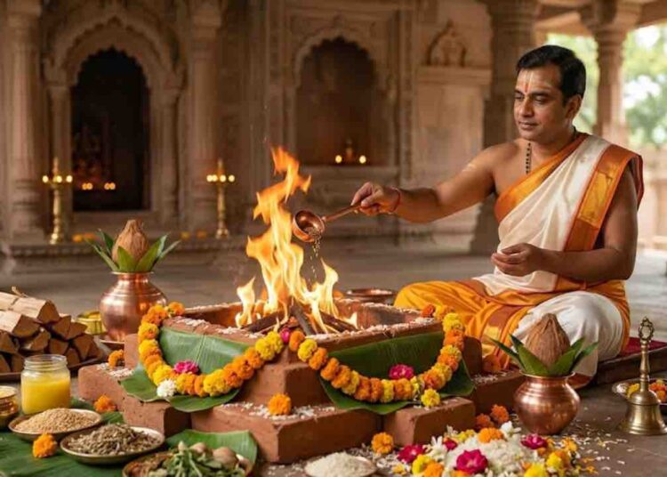 A Hindu priest performing a sacred Homa ritual with holy fire in a traditional temple setting.