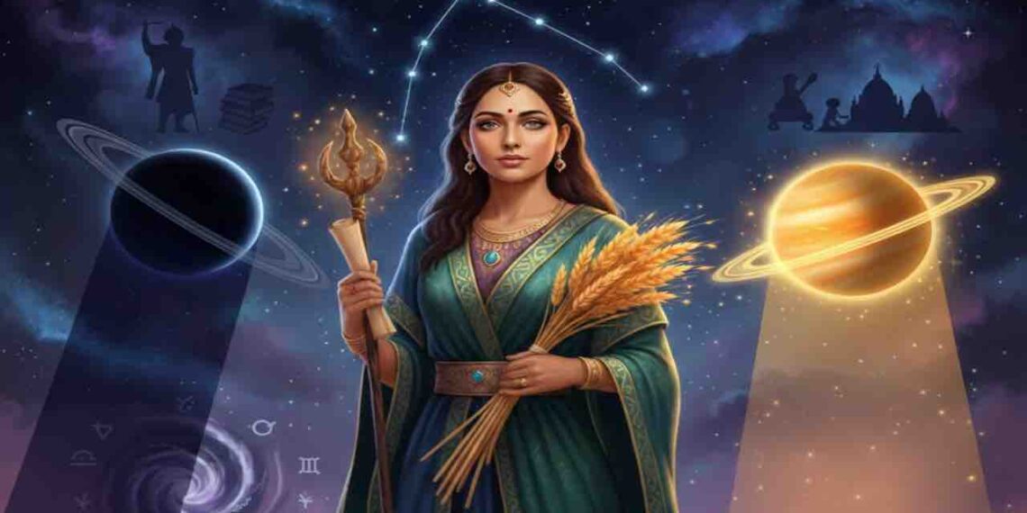 A symbolic representation of Kanya Rashi (Virgo) featuring a woman holding golden stalks of grain, flanked by Saturn and Jupiter in a cosmic setting.