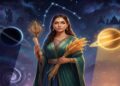 A symbolic representation of Kanya Rashi (Virgo) featuring a woman holding golden stalks of grain, flanked by Saturn and Jupiter in a cosmic setting.