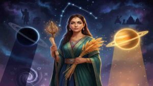 A symbolic representation of Kanya Rashi (Virgo) featuring a woman holding golden stalks of grain, flanked by Saturn and Jupiter in a cosmic setting.
