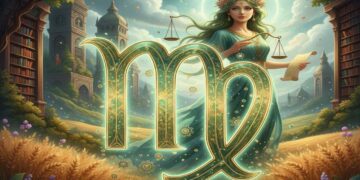 ಕನ್ಯಾ ರಾಶಿಯ ಲಾಂಛನ, ಜ್ಞಾನದ ಸಂಕೇತವಾದ ಪುಸ್ತಕಗಳು ಮತ್ತು ಪ್ರಕೃತಿಯ ಹಿನ್ನೆಲೆಯಲ್ಲಿರುವ ಸುಂದರ ಕಲಾತ್ಮಕ ಚಿತ್ರ.