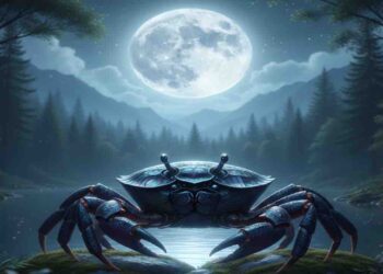 A mystical celestial crab representing the Cancer zodiac sign sitting on a rock by a calm river under a bright full moon in a night forest.