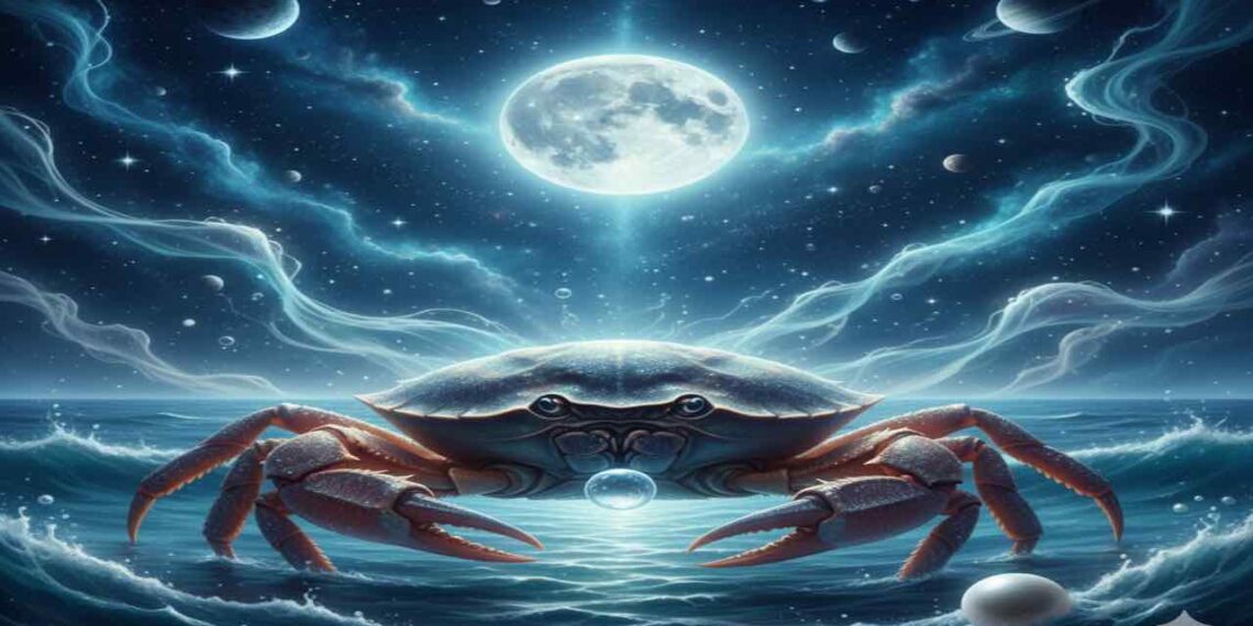 ಸಾಗರದ ಅಲೆಗಳ ಮೇಲೆ ಚಂದ್ರನ ಬೆಳಕಿನಲ್ಲಿರುವ ಕರ್ಕಾಟಕ ರಾಶಿಯ ಏಡಿ ಚಿಹ್ನೆ ಮತ್ತು ಅದೃಷ್ಟದ ಮುತ್ತಿನ ಚಿತ್ರ.