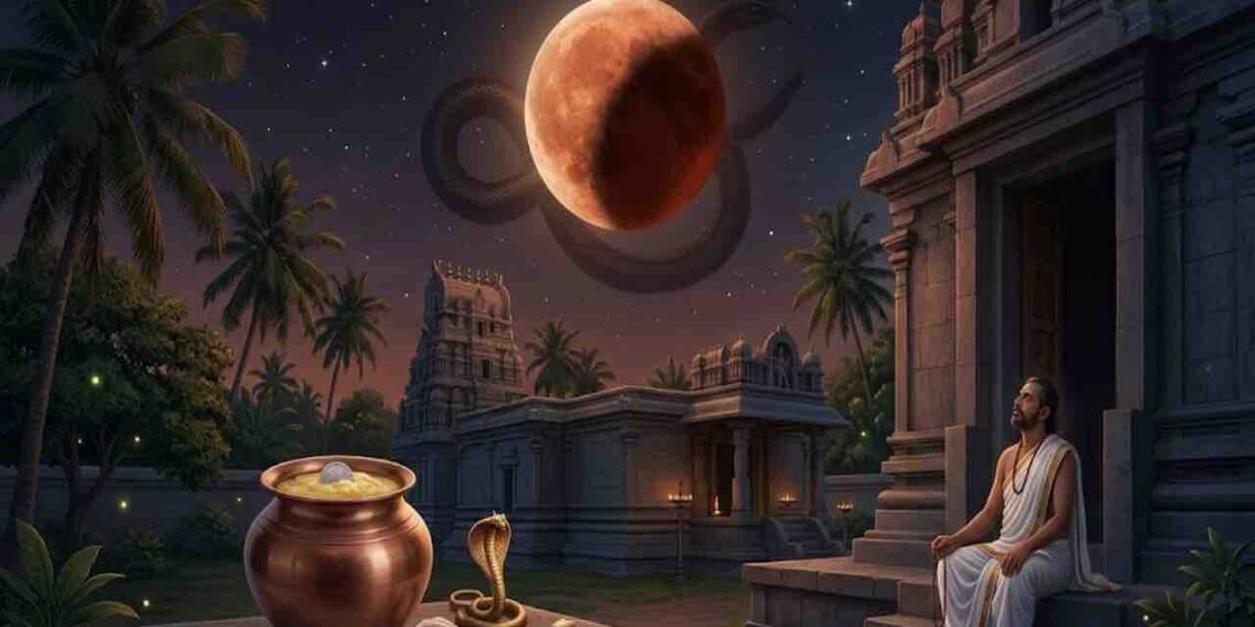 A visual representation of a Ketu-affected lunar eclipse over a South Indian temple with a man meditating and ritual offerings placed in the foreground.