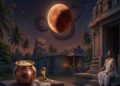 A visual representation of a Ketu-affected lunar eclipse over a South Indian temple with a man meditating and ritual offerings placed in the foreground.
