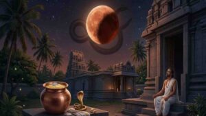 A visual representation of a Ketu-affected lunar eclipse over a South Indian temple with a man meditating and ritual offerings placed in the foreground.