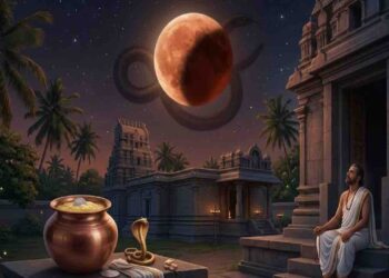 A visual representation of a Ketu-affected lunar eclipse over a South Indian temple with a man meditating and ritual offerings placed in the foreground.