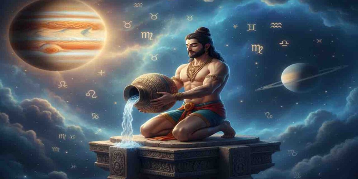 A mystical man carrying a water pot (Aquarius) standing on a glowing cosmic path, with a majestic planet Saturn moving to the background and a bright Jupiter shining in the 5th house position.