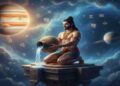 A mystical man carrying a water pot (Aquarius) standing on a glowing cosmic path, with a majestic planet Saturn moving to the background and a bright Jupiter shining in the 5th house position.