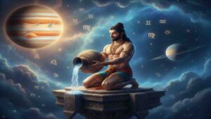 A mystical man carrying a water pot (Aquarius) standing on a glowing cosmic path, with a majestic planet Saturn moving to the background and a bright Jupiter shining in the 5th house position.