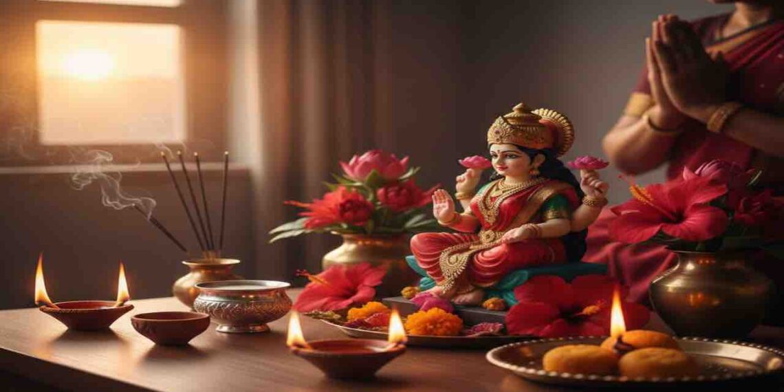 Divine Lakshmi Puja setup with oil lamps and hibiscus flowers on the auspicious occasion of Amavasya.