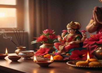 Divine Lakshmi Puja setup with oil lamps and hibiscus flowers on the auspicious occasion of Amavasya.