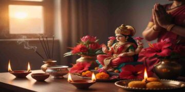 Divine Lakshmi Puja setup with oil lamps and hibiscus flowers on the auspicious occasion of Amavasya.