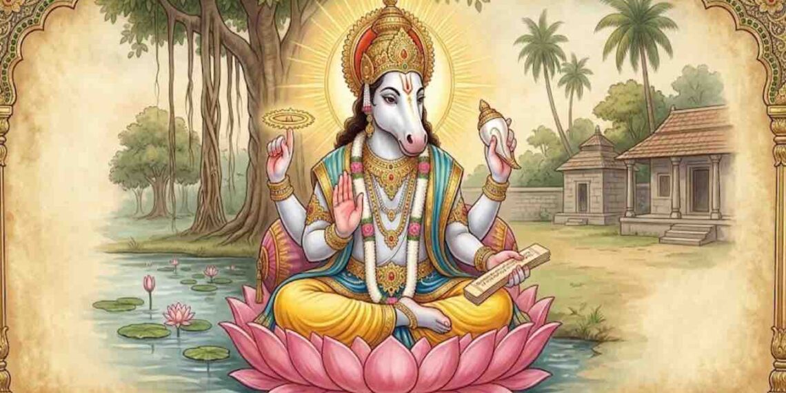 A traditional framed painting of Lord Hayagriva, the horse-headed form of Vishnu, seated on a pink lotus. He is holding a discus, a conch, and a palm leaf manuscript, with a peaceful background of trees, a temple, and a lotus pond.