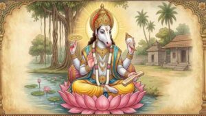 A traditional framed painting of Lord Hayagriva, the horse-headed form of Vishnu, seated on a pink lotus. He is holding a discus, a conch, and a palm leaf manuscript, with a peaceful background of trees, a temple, and a lotus pond.