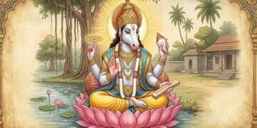A traditional framed painting of Lord Hayagriva, the horse-headed form of Vishnu, seated on a pink lotus. He is holding a discus, a conch, and a palm leaf manuscript, with a peaceful background of trees, a temple, and a lotus pond.