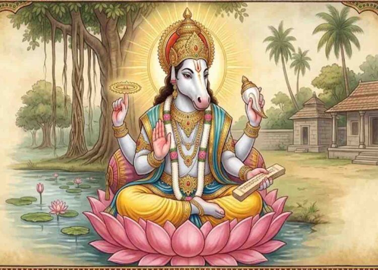 A traditional framed painting of Lord Hayagriva, the horse-headed form of Vishnu, seated on a pink lotus. He is holding a discus, a conch, and a palm leaf manuscript, with a peaceful background of trees, a temple, and a lotus pond.