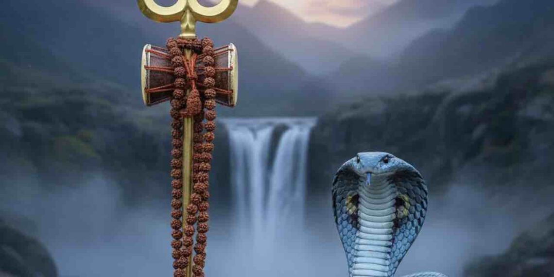 Spiritual symbols of Lord Shiva including a golden Trishula (trident) with a Damaru, a Rudraksha mala, a cobra snake, and sacred Vibhuti ash, set against a background of misty mountains and a waterfall under a crescent moon.