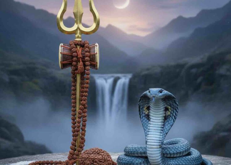 Spiritual symbols of Lord Shiva including a golden Trishula (trident) with a Damaru, a Rudraksha mala, a cobra snake, and sacred Vibhuti ash, set against a background of misty mountains and a waterfall under a crescent moon.