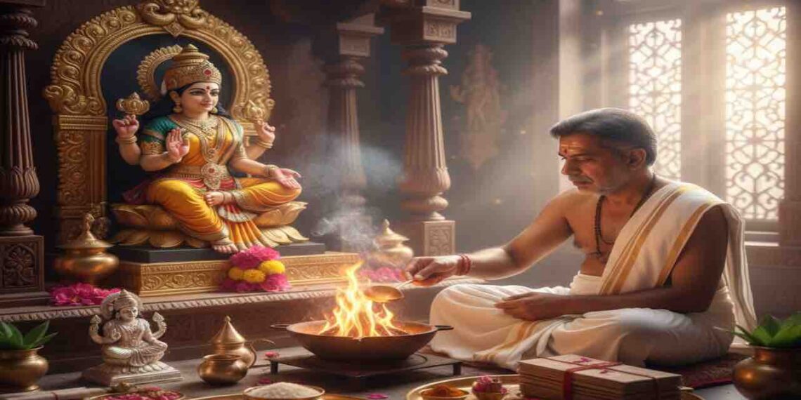 A Hindu priest performing Shri Sukta Homa with sacred fire in front of Goddess Mahalakshmi idol for wealth and prosperity