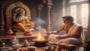 A Hindu priest performing Shri Sukta Homa with sacred fire in front of Goddess Mahalakshmi idol for wealth and prosperity