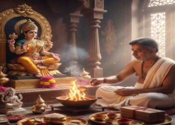 A Hindu priest performing Shri Sukta Homa with sacred fire in front of Goddess Mahalakshmi idol for wealth and prosperity