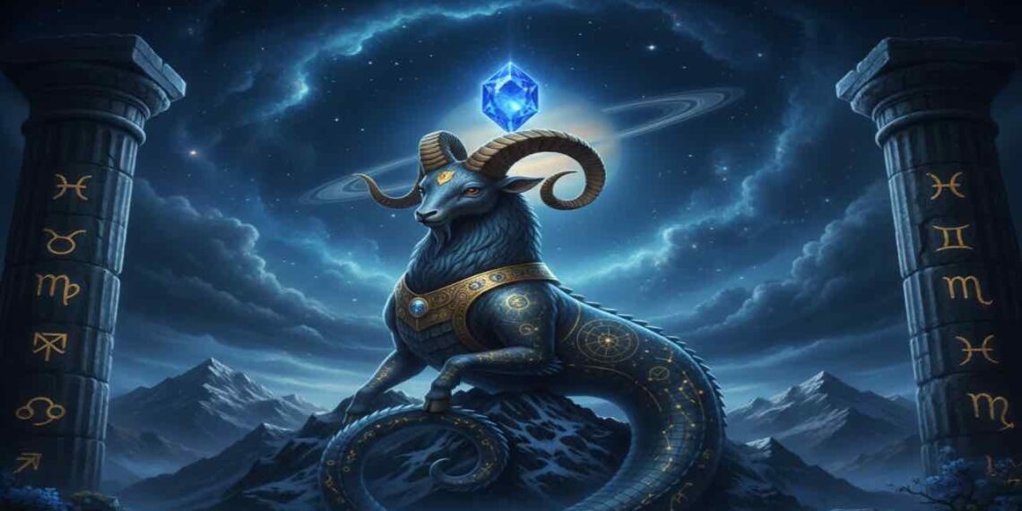 A mystical representation of the Capricorn zodiac sign featuring a sea-goat with curved horns and a serpentine tail, standing on a snowy mountain peak under a dark blue starry sky with Saturn in the background.
