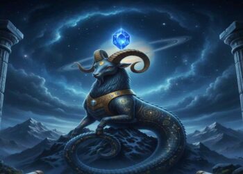 A mystical representation of the Capricorn zodiac sign featuring a sea-goat with curved horns and a serpentine tail, standing on a snowy mountain peak under a dark blue starry sky with Saturn in the background.
