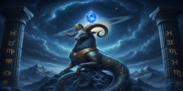 A mystical representation of the Capricorn zodiac sign featuring a sea-goat with curved horns and a serpentine tail, standing on a snowy mountain peak under a dark blue starry sky with Saturn in the background.