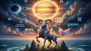 A mystical sea-goat (Makara) with wings standing on a floating temple island in the ocean, under a cosmic sky with a glowing Jupiter, Saturn, and various zodiac symbols.