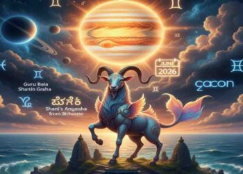 A mystical sea-goat (Makara) with wings standing on a floating temple island in the ocean, under a cosmic sky with a glowing Jupiter, Saturn, and various zodiac symbols.