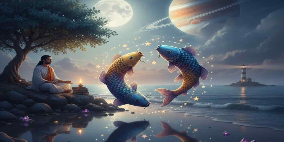 Illustration representing Pisces zodiac sign with two fish jumping over water, a person meditating under a tree, and a serene celestial background with planets and stars.