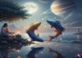 Illustration representing Pisces zodiac sign with two fish jumping over water, a person meditating under a tree, and a serene celestial background with planets and stars.