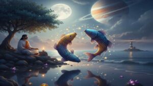 Illustration representing Pisces zodiac sign with two fish jumping over water, a person meditating under a tree, and a serene celestial background with planets and stars.