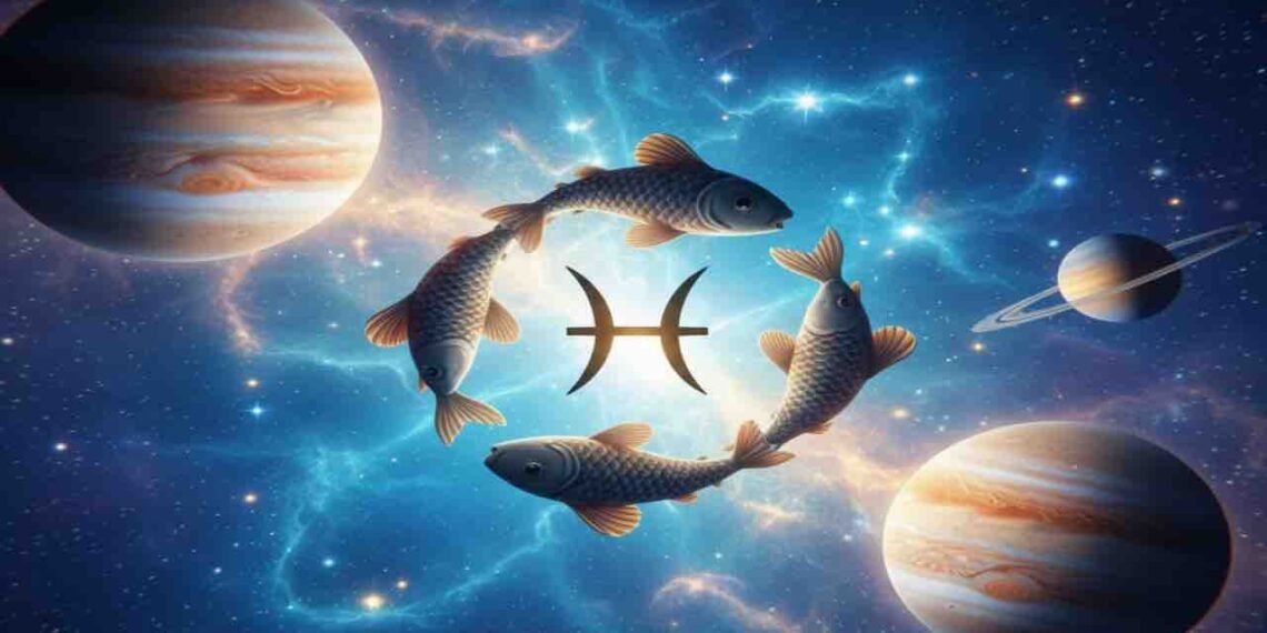 A celestial illustration of the Pisces zodiac sign featuring four golden fish swimming in a circular motion around a glowing Pisces symbol in a cosmic sky with planets Jupiter and Saturn.