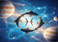 A celestial illustration of the Pisces zodiac sign featuring four golden fish swimming in a circular motion around a glowing Pisces symbol in a cosmic sky with planets Jupiter and Saturn.