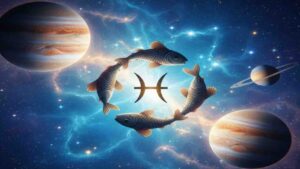 A celestial illustration of the Pisces zodiac sign featuring four golden fish swimming in a circular motion around a glowing Pisces symbol in a cosmic sky with planets Jupiter and Saturn.