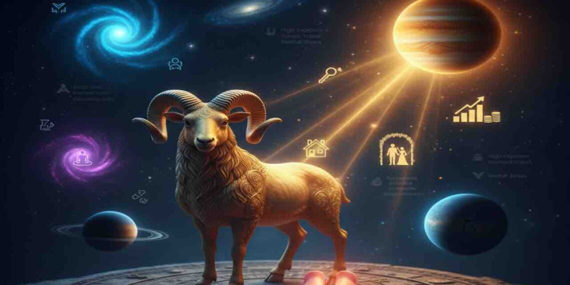 A golden ram representing Aries zodiac sign standing on an astrological wheel with planets like Jupiter and Saturn, symbolizing 2026 horoscope transitions.