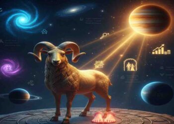 A golden ram representing Aries zodiac sign standing on an astrological wheel with planets like Jupiter and Saturn, symbolizing 2026 horoscope transitions.