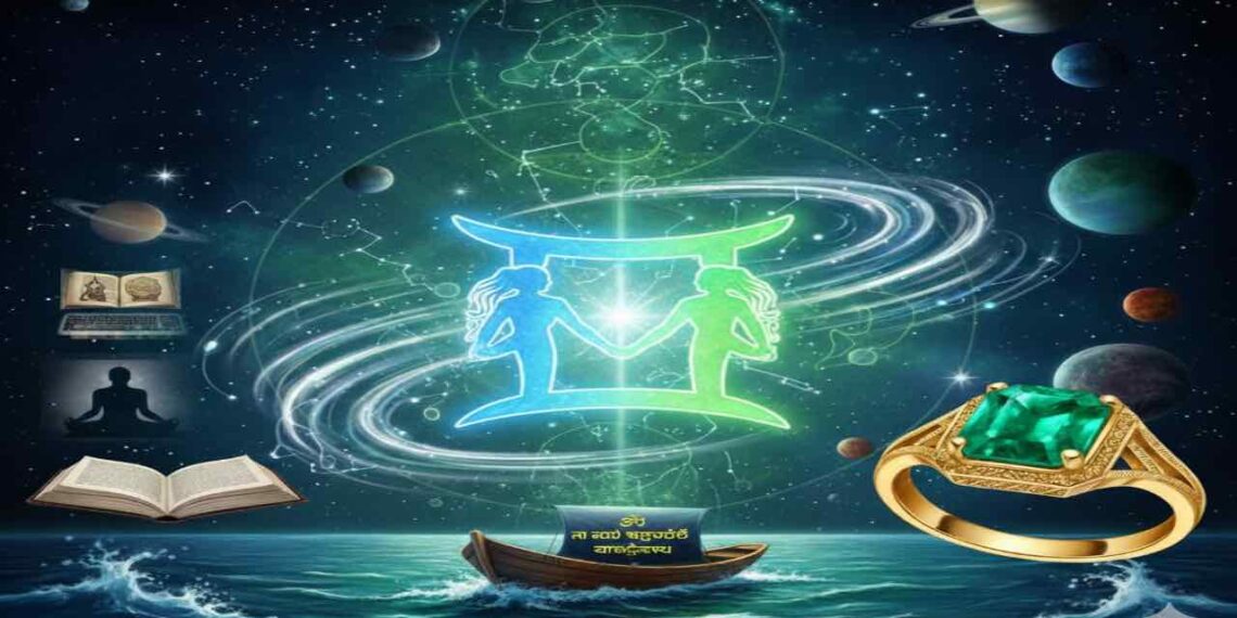 ಮಿಥುನ ರಾಶಿಯ ಸಂಕೇತ, ಪಚ್ಚೆ ಹವಳದ ಉಂಗುರ ಮತ್ತು ಬೌದ್ಧಿಕತೆಯನ್ನು ಬಿಂಬಿಸುವ ಪುಸ್ತಕಗಳನ್ನೊಳಗೊಂಡ ಆಧ್ಯಾತ್ಮಿಕ ಚಿತ್ರ.