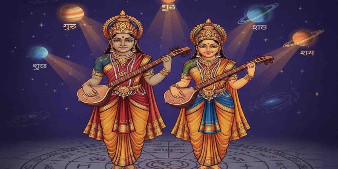 Traditional Indian art style depiction of Gemini zodiac sign represented by two women holding musical instruments, standing on an astrological wheel under glowing planets.