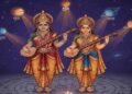 Traditional Indian art style depiction of Gemini zodiac sign represented by two women holding musical instruments, standing on an astrological wheel under glowing planets.