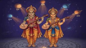 Traditional Indian art style depiction of Gemini zodiac sign represented by two women holding musical instruments, standing on an astrological wheel under glowing planets.