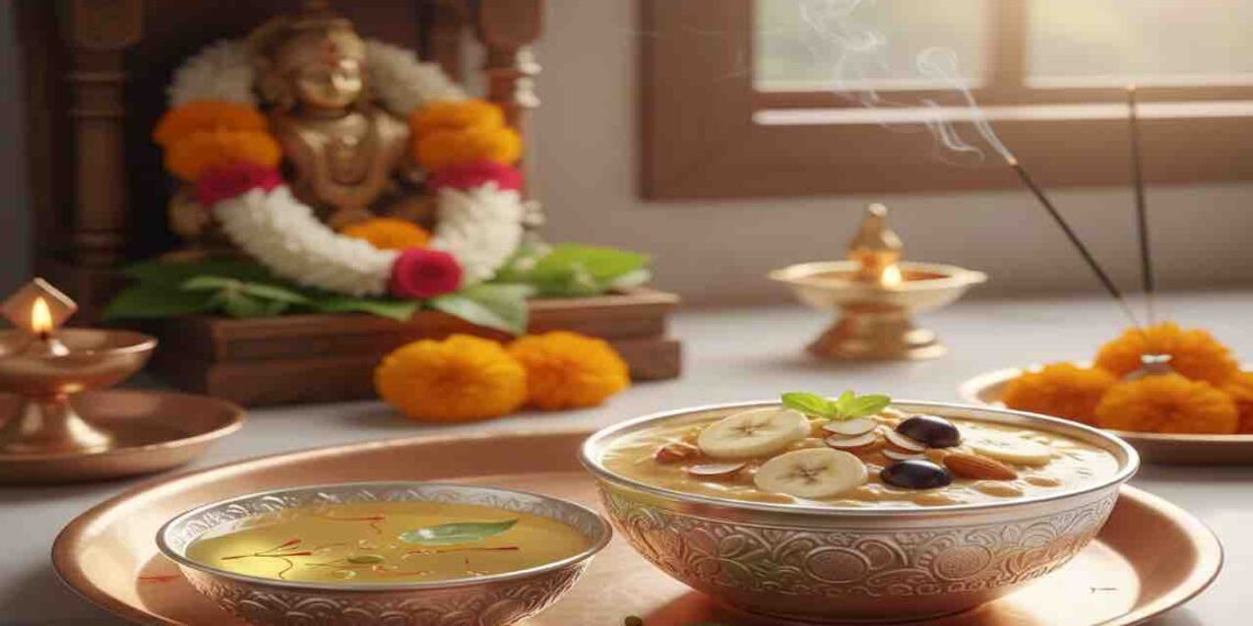A decorative copper plate featuring a silver bowl of Panchamrita with sliced bananas and a bowl of holy Teertha with saffron and tulsi, placed in front of a Hindu deity idol.