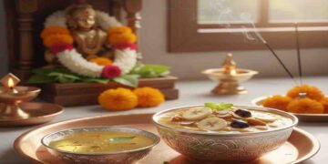 A decorative copper plate featuring a silver bowl of Panchamrita with sliced bananas and a bowl of holy Teertha with saffron and tulsi, placed in front of a Hindu deity idol.