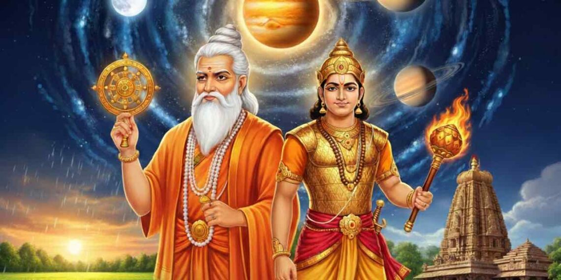 An artistic representation of Parabhava Nama Samvatsara 2026-27 featuring Hindu deities Guru and Kuja, planetary alignments, and a traditional temple background with lush green fields.
